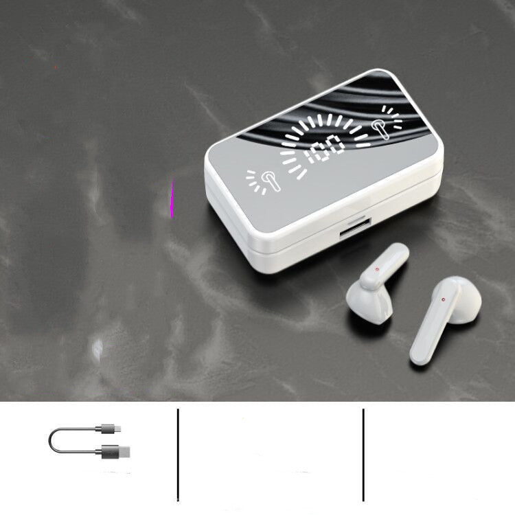 White in-ear Bluetooth earbuds with white charging case