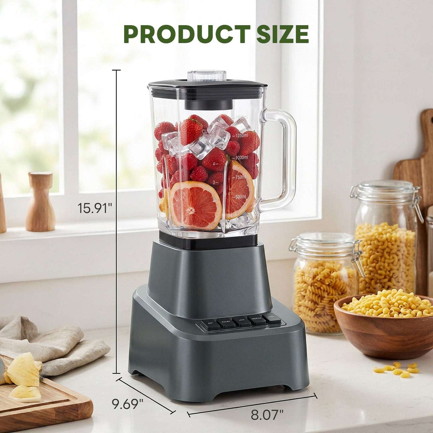 54oz glass jar blender with black base, fruit pieces in clear blending container