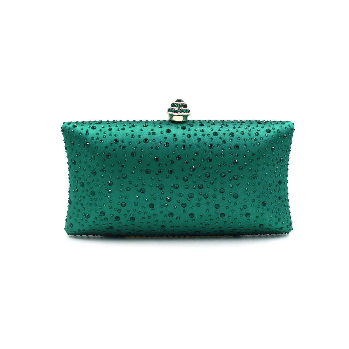 Teal green rhinestone clutch with jeweled kiss-lock clasp, rectangular evening bag