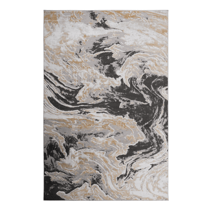 Abstract runner rug close-up with gray, black, and beige swirls and veining