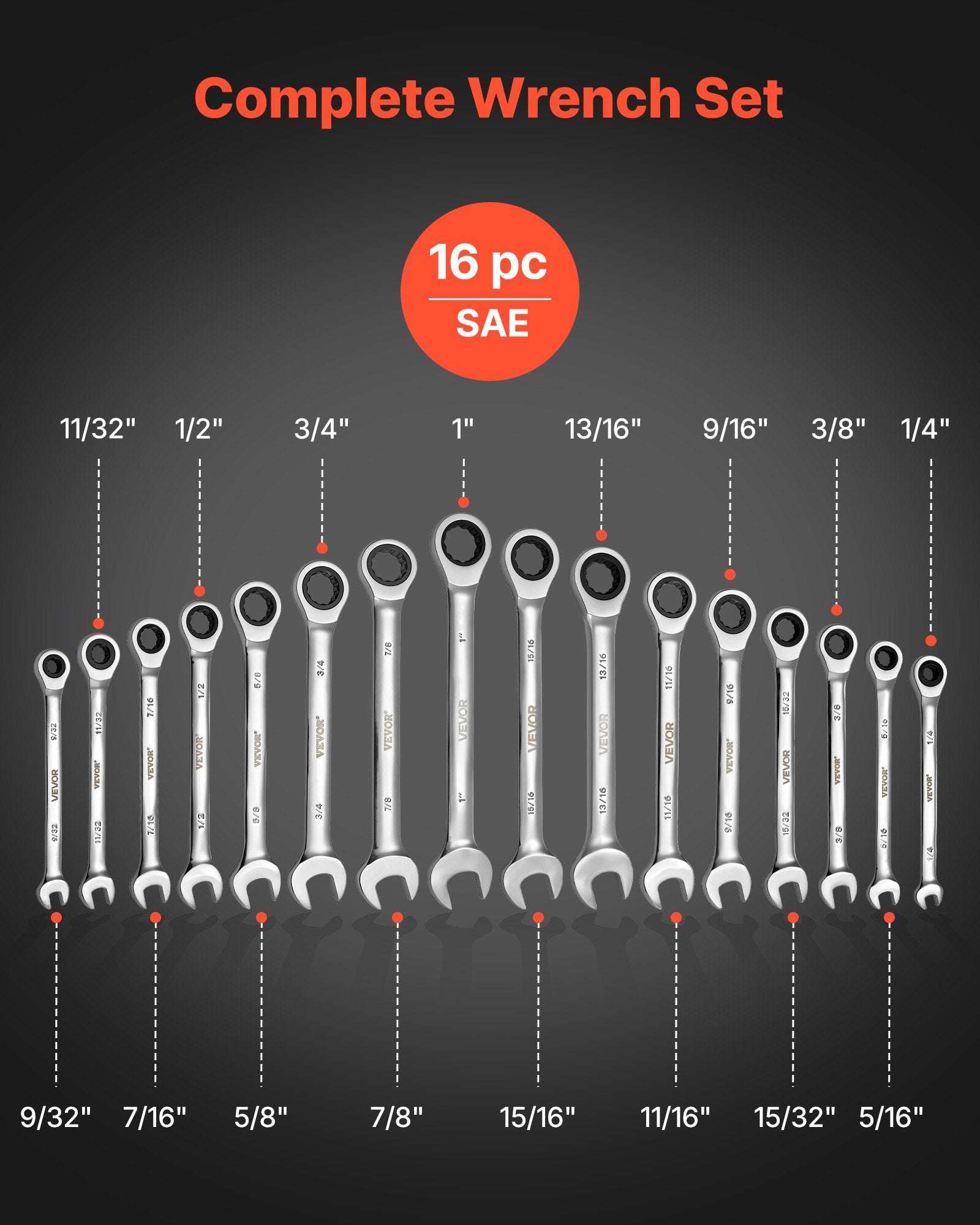 16-piece SAE ratcheting wrench set, multiple wrench sizes on display.