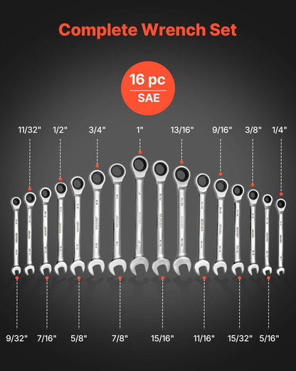 16-piece SAE ratcheting wrench set, multiple wrench sizes on display.