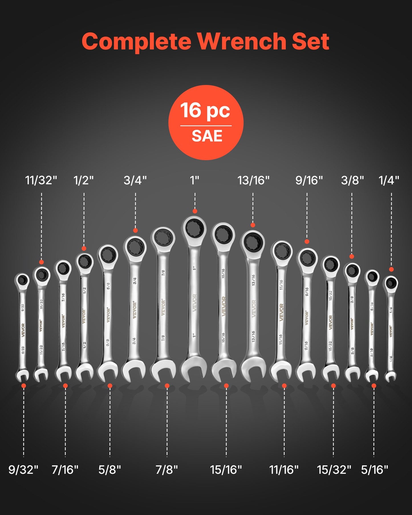 16-Piece SAE Ratcheting Wrench Set | 72 Teeth Cr-V Steel Gear
