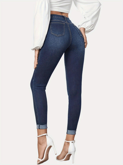 Women's Contrast Color Slim Jeans | Stretch Rolled Hem Cropped Denim Contrast Color Slim Fit Stretch Rolled H | Ectron Online