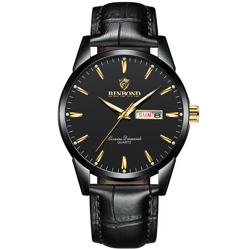 Men's quartz watch with black case, black dial, black leather strap and day date window