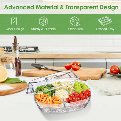 Clear divided serving tray with lid on a countertop, filled with mixed vegetables