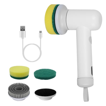 White handheld spin scrubber with yellow and green pads, gray and black brush heads, and cables