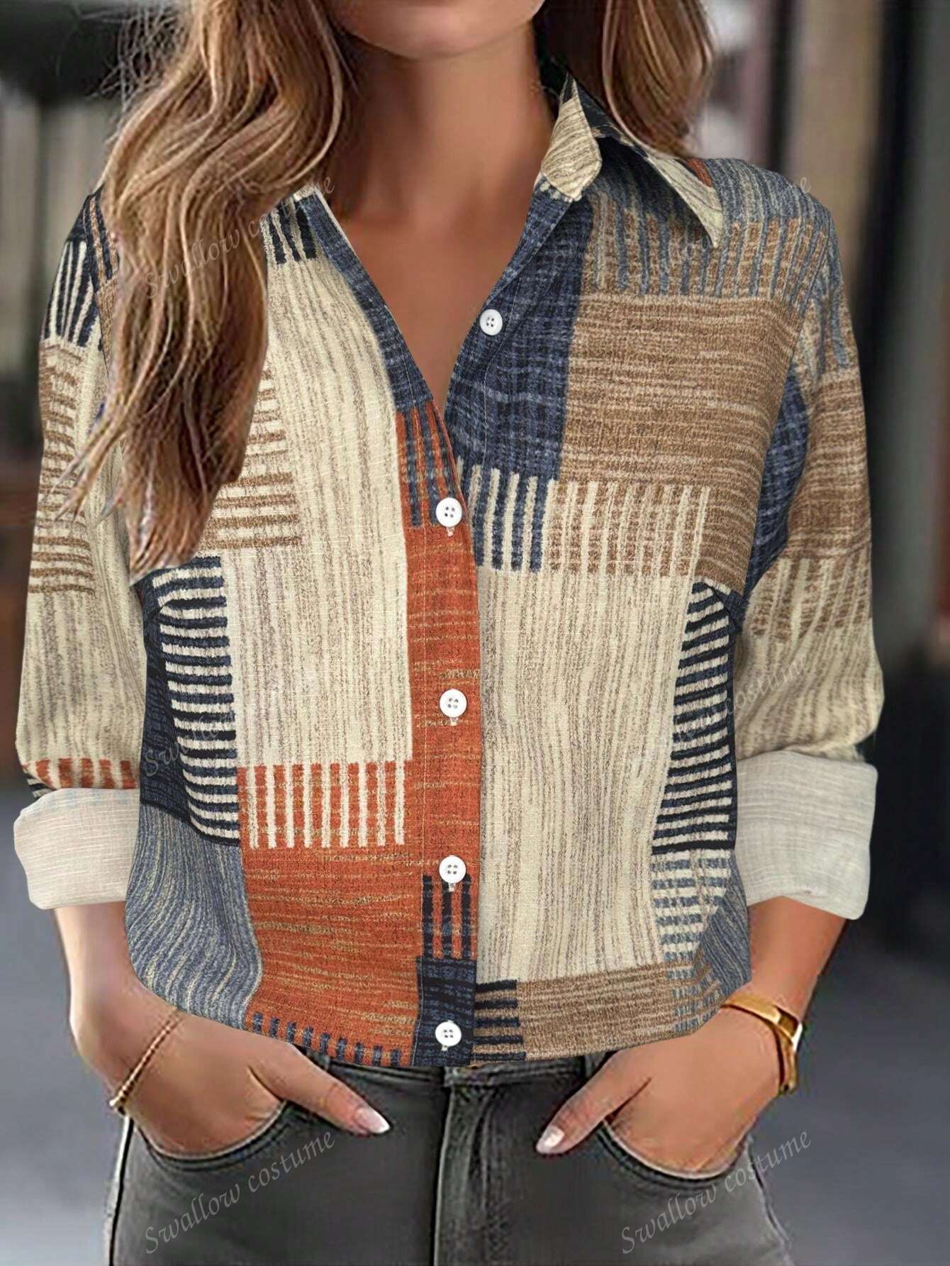 Color Block Button Print Long Sleeve Casual Retro Shirt Color Block Button Print Long Sleeve Cas | Ectron Online