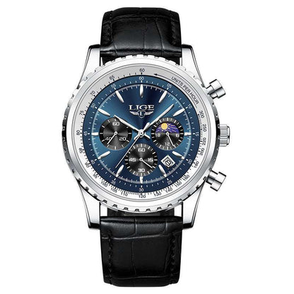 Silver multifunction waterproof watch with blue dial and black leather strap
