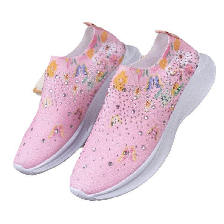 Women's Rhinestone Mesh Sneakers – Breathable Flyknit Low Tops Large Size Printed Rhinestone Low Top Wo | Ectron Online