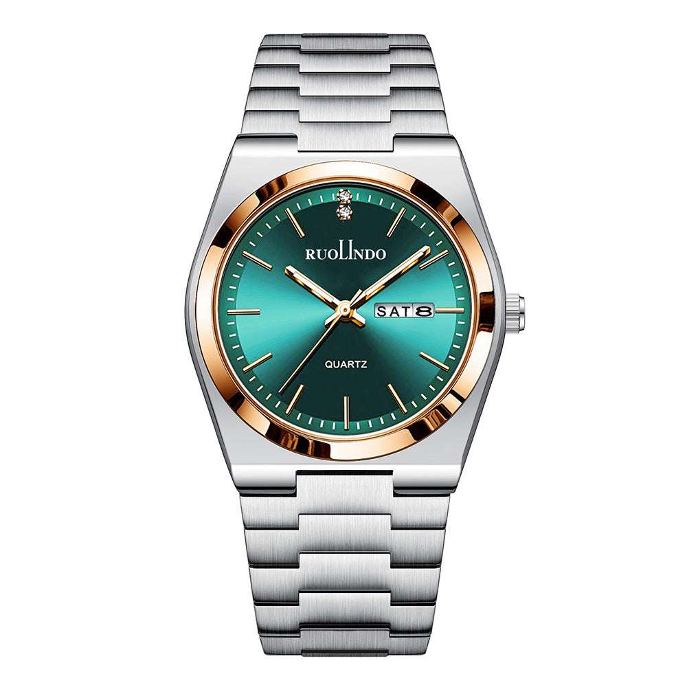 Stainless steel men's luminous watch with green dial and rose-gold bezel, metal bracelet