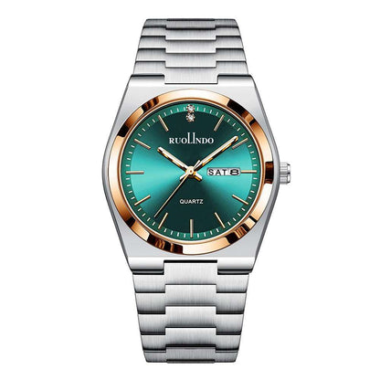 Stainless steel men's luminous watch with green dial and rose-gold bezel, metal bracelet
