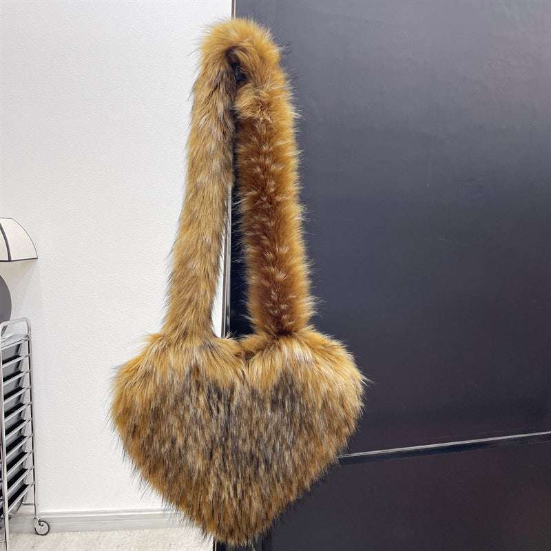 Plush Large Capacity Love Shoulder Bag for Women Winter Fleece Shoulder Bags Women Heart | Ectron Online