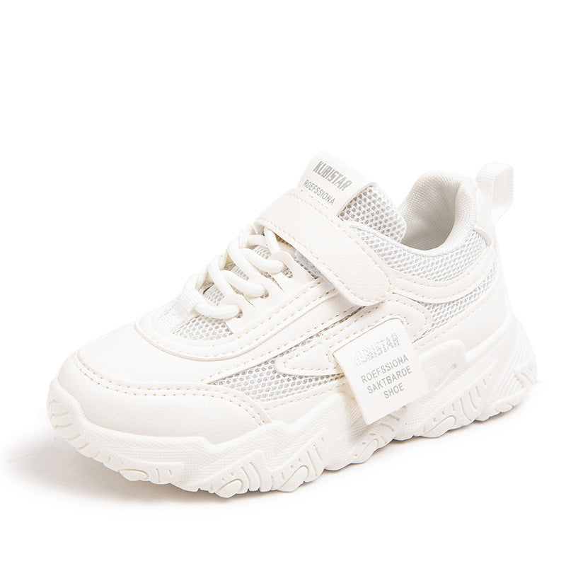 Girls' mesh sneakers in white with hook-and-loop strap and textured outsole