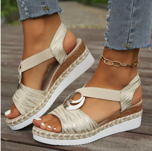Plus Size Women's Sandals with Metal Buckle & Hemp Rope Detail Plus Size Women's Metal Buckle Decorativ | Ectron Online