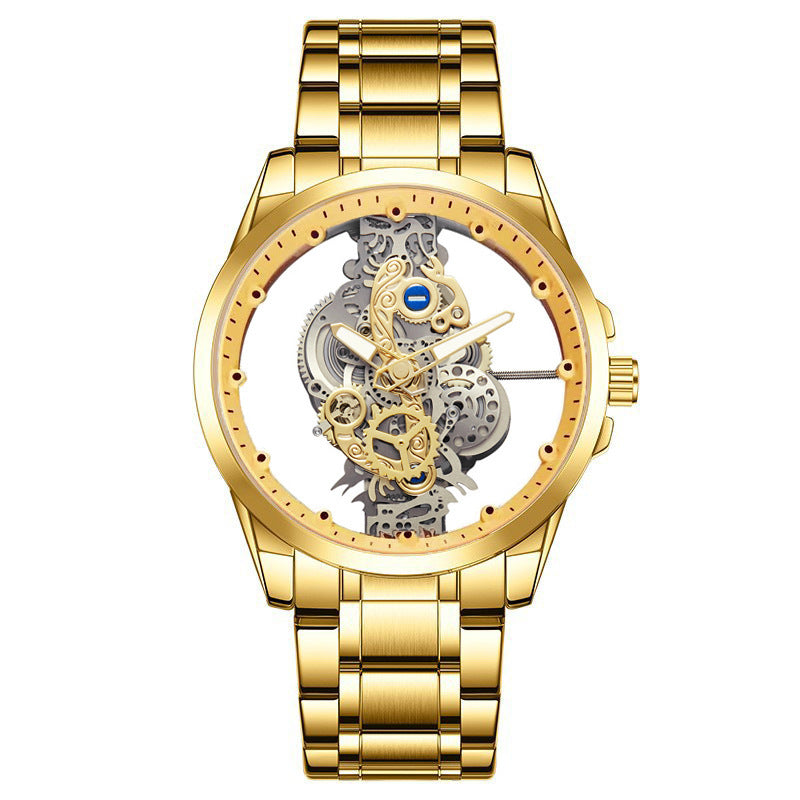 All-gold automatic men’s watch with transparent skeleton dial and gold metal bracelet