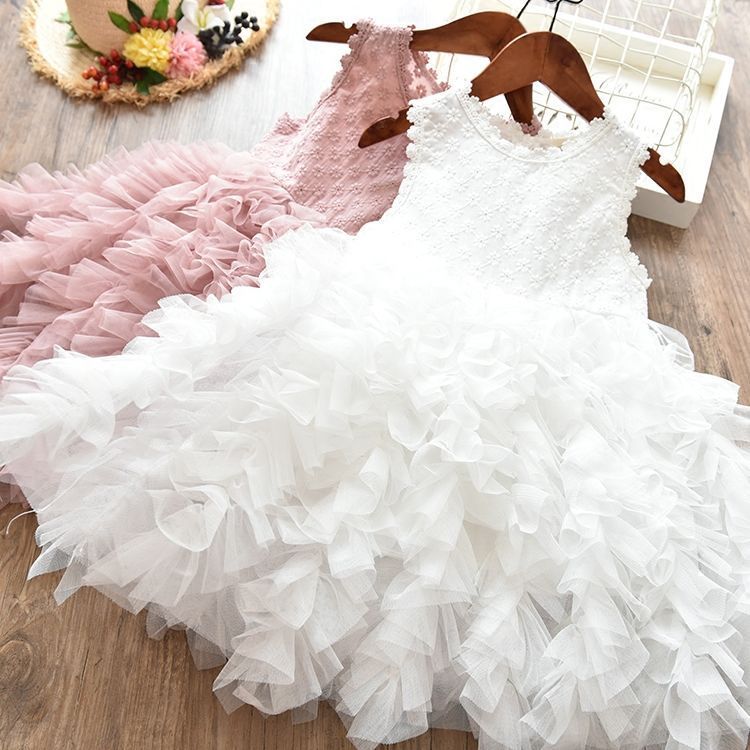 Girls' princess dress with white lace bodice and layered ruffled tulle skirt