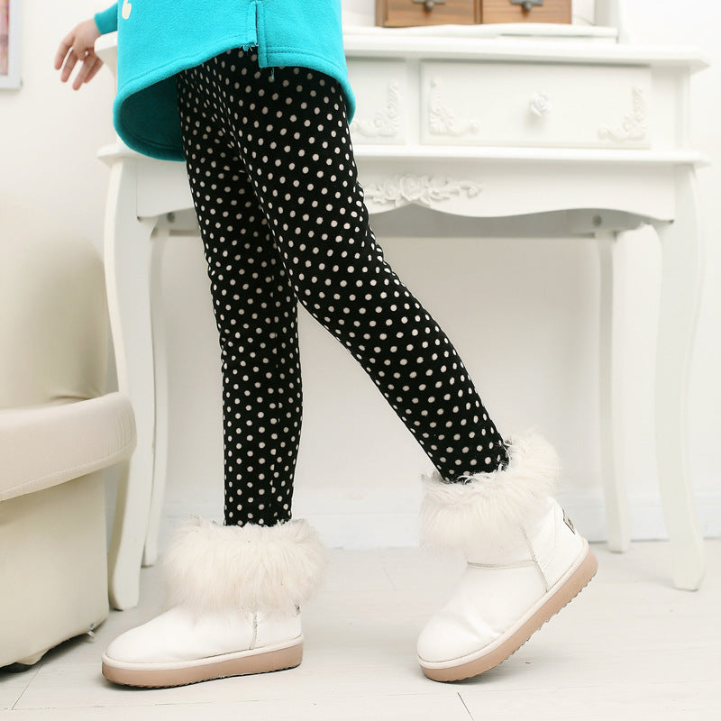 Girls' warm leggings in black with small white polka dots
