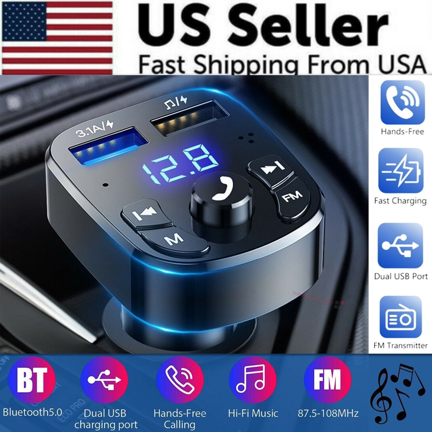 Wireless Car Bluetooth FM Transmitter | MP3 Player & USB Fast Charger