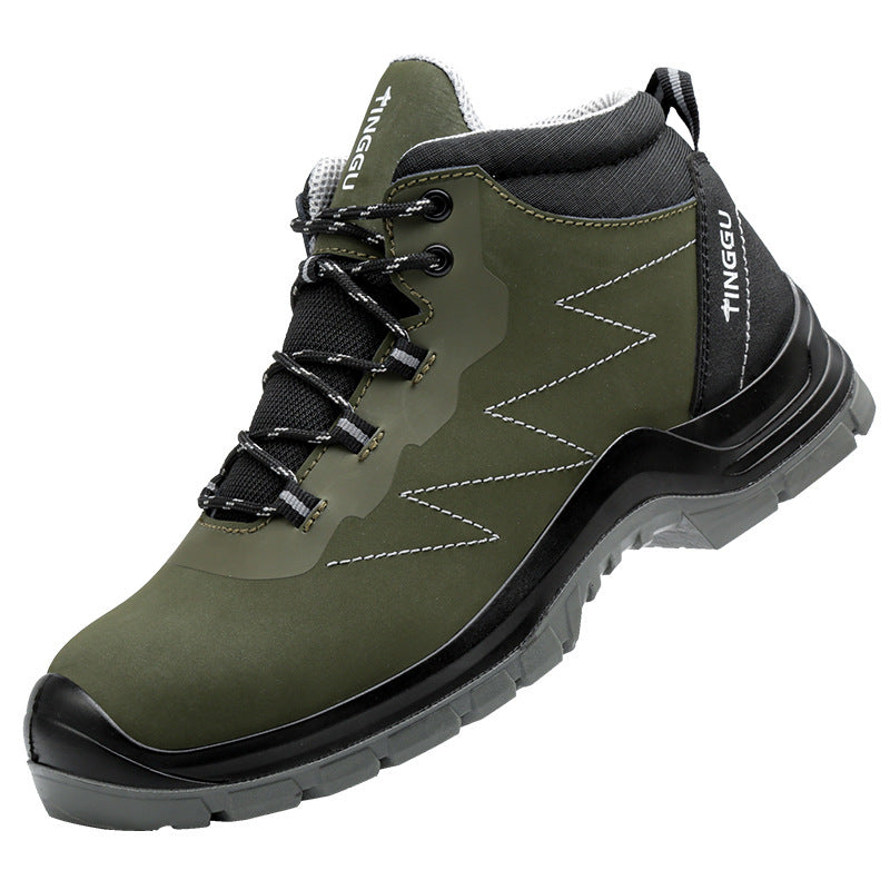 Olive green steel-toe safety boot with black sole and lace-up front.