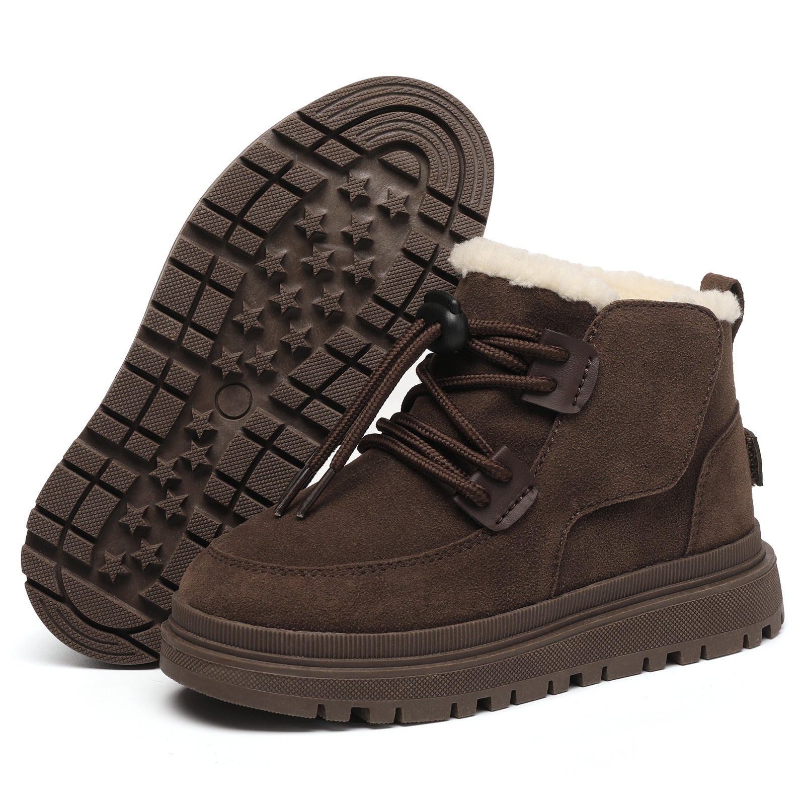 Kids winter shoes, dark brown suede with fleece lining, lace-up and strap detail, grippy sole