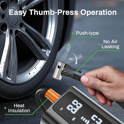 Black tire inflator with orange nozzle, thumb-press control, and metal valve chuck