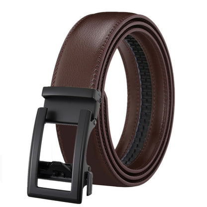 Men's Leather Belt Automatic Buckle Two-layer Cowhide Hollow in rich brown color with sleek black automatic buckle.