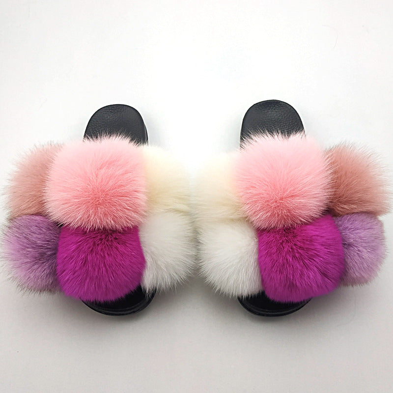 Fox Fur Ball Slippers For Outer Wear