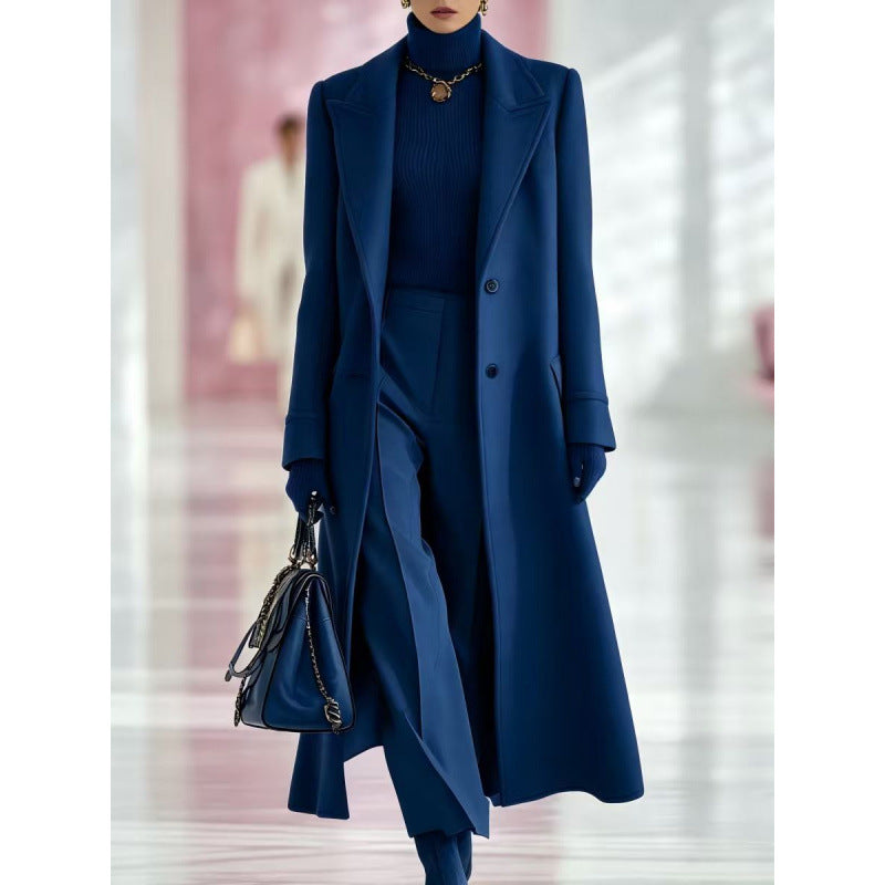Women’s mid-length wool coat, dark blue, notched lapels, button front, side pockets