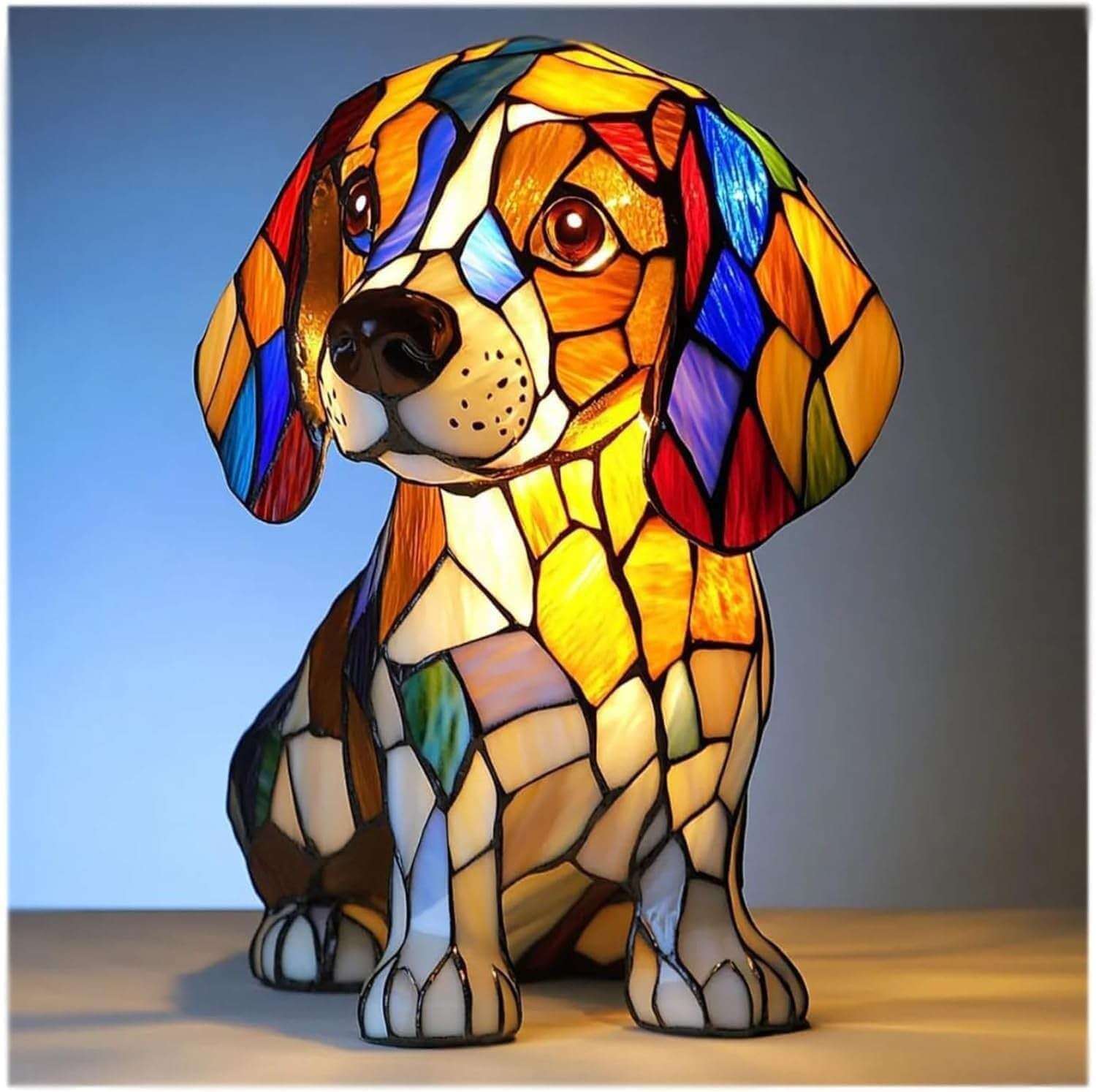 Colorful dog lamp with seated mosaic dog, bright multicolor stained-glass finish