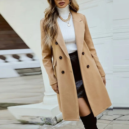 Women's Wool-Like Double-Breasted Coat | Mid-Length Notch Lapel Jacket Women's Solid Color Double-Breasted Wool | Ectron Online