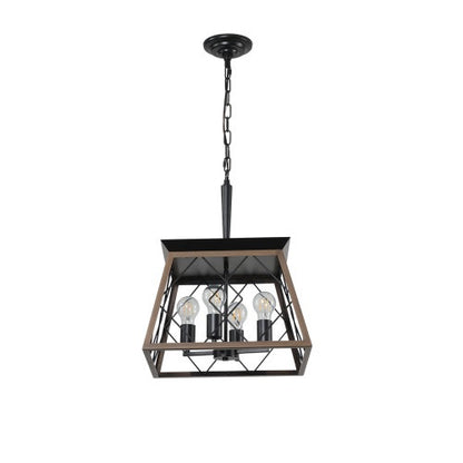 Black geometric cage 4-light chandelier pendant with chain and four exposed bulbs