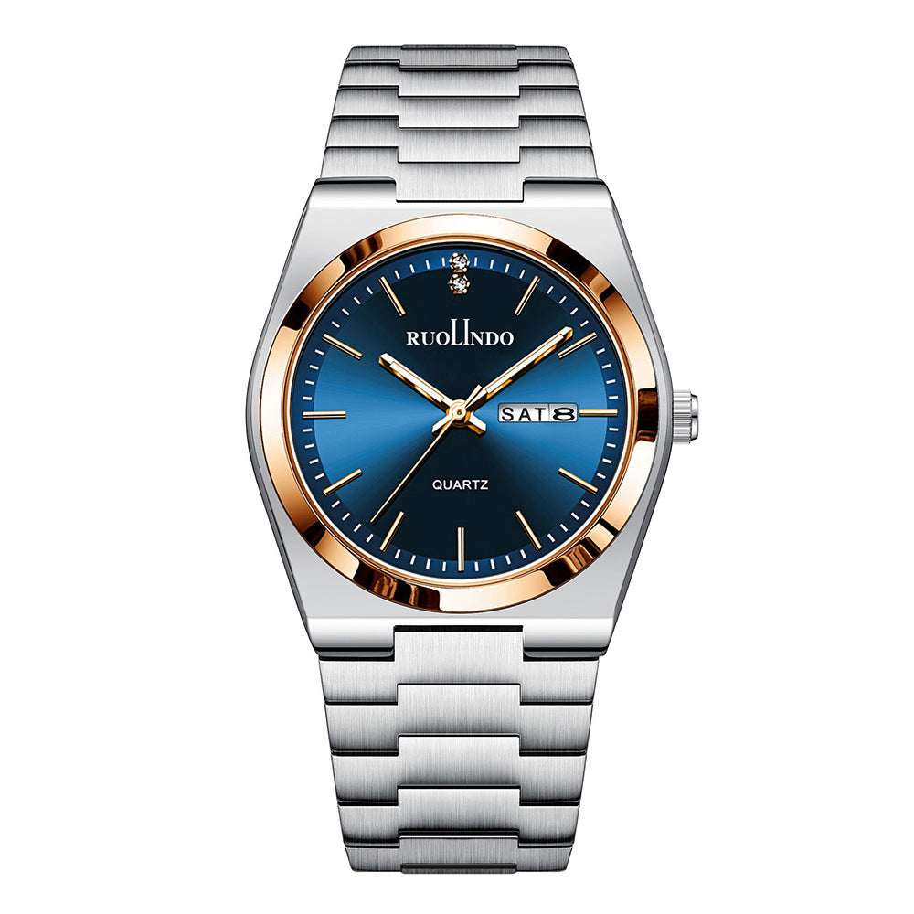 Stainless steel luminous men's wrist watch with blue dial, gold-tone bezel, metal bracelet