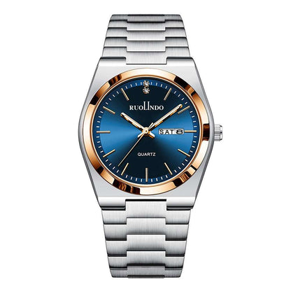 Stainless steel luminous men's wrist watch with blue dial, gold-tone bezel, metal bracelet
