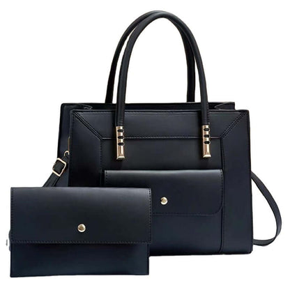Black tote bag set with top handles, shoulder strap, and matching mini crossbody bag