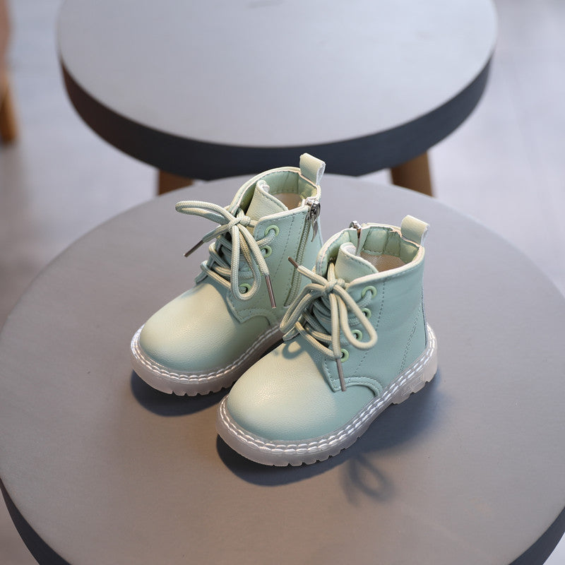 Children's mint green lace-up boots with chunky sole and padded ankle