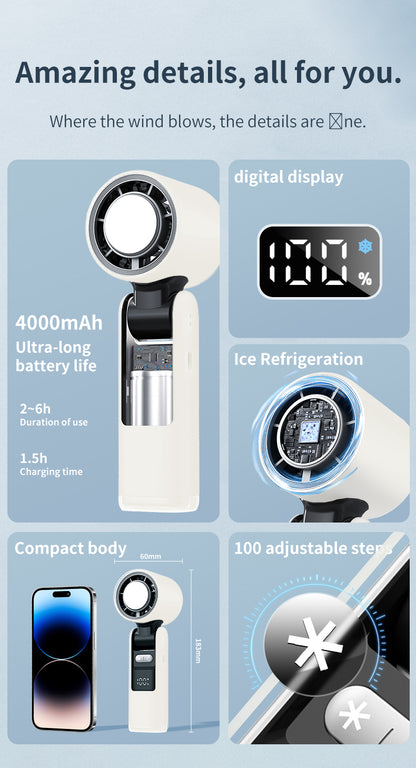 Portable mini fan showing circular grille and black digital display, white body