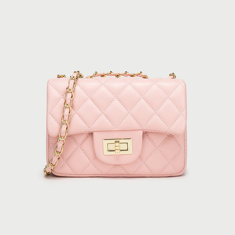 Pink quilted mini messenger bag with gold chain strap and front flap square clasp