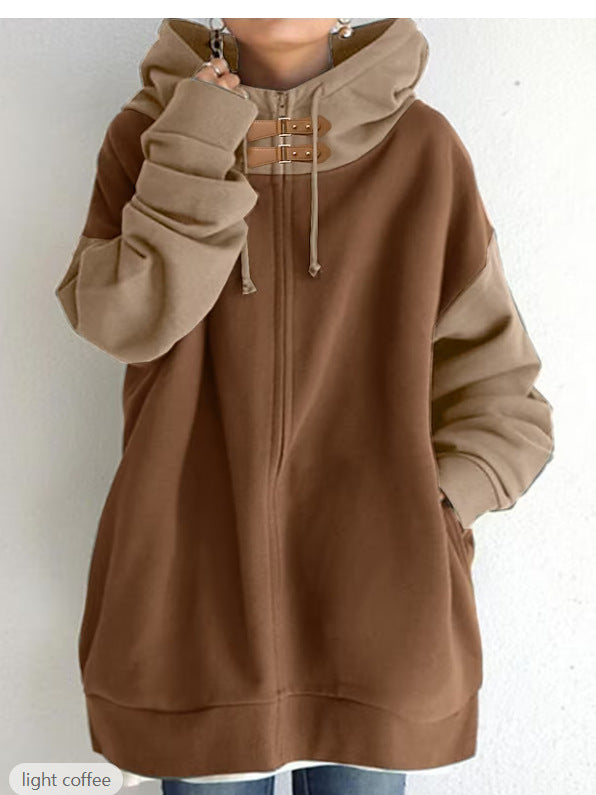 Women's Patchwork Color Zipper Sweater Women's Patchwork Color Loose Hooded Lon | Ectron Online