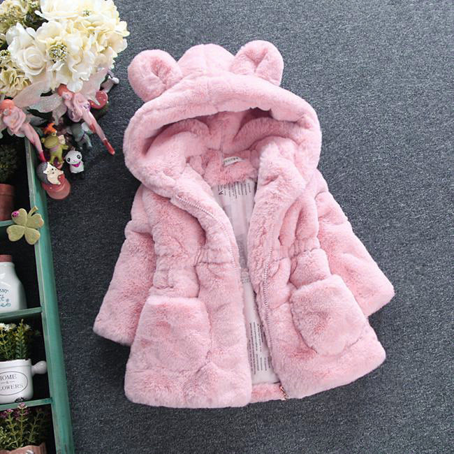 Girls' pink fur coat with plush hood, front zipper closure and two side pockets