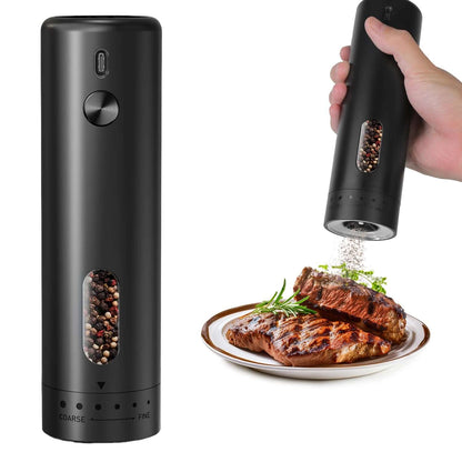 Black rechargeable electric pepper grinder with control knob and clear side peppercorn window