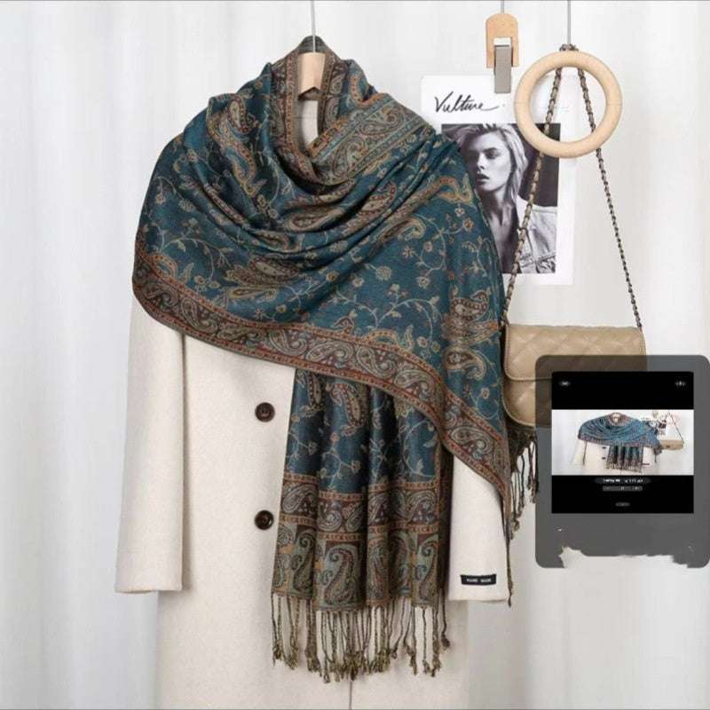 Ethnic Style Talma Shawl with Cashew Embroidery Bohemian Vintage Tassel Cashew Embroider | Ectron Online