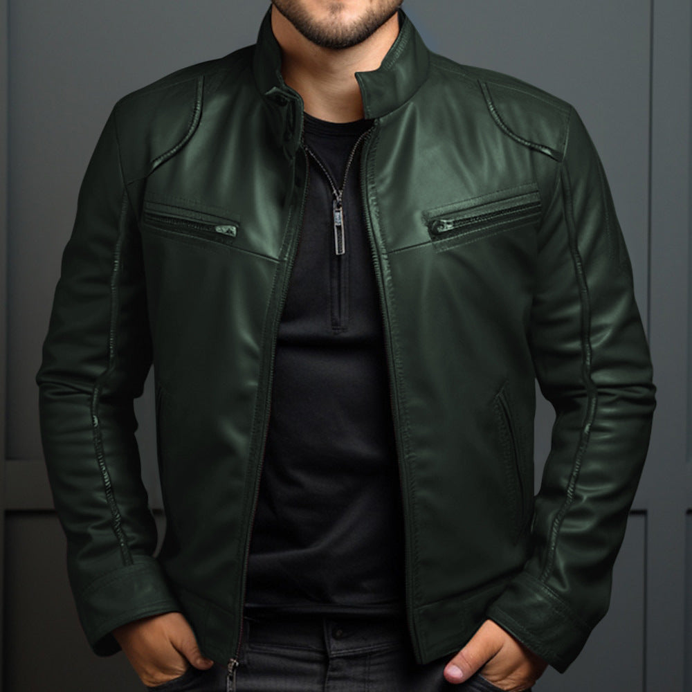 Men's Leather Motorcycle Jacket Men's Stand Collar Motorcycle Leather Ja | Ectron Online