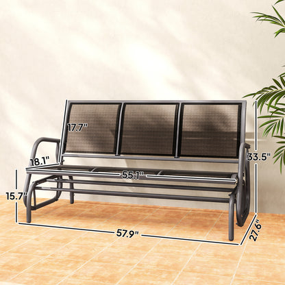 Black patio glider bench with three mesh back panels and swinging frame legs.