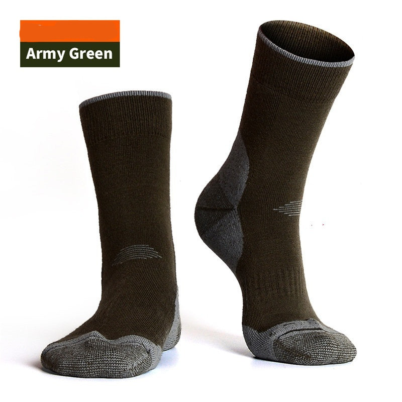 Army green socks with gray accents on a white background
