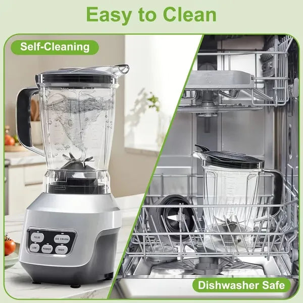 Portable blender with clear jar shown for self-cleaning and dishwasher-safe use