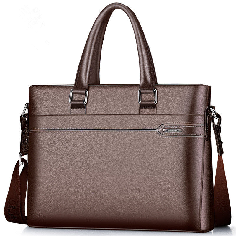 Brown leather briefcase with top handles and front strap detail, plus shoulder strap