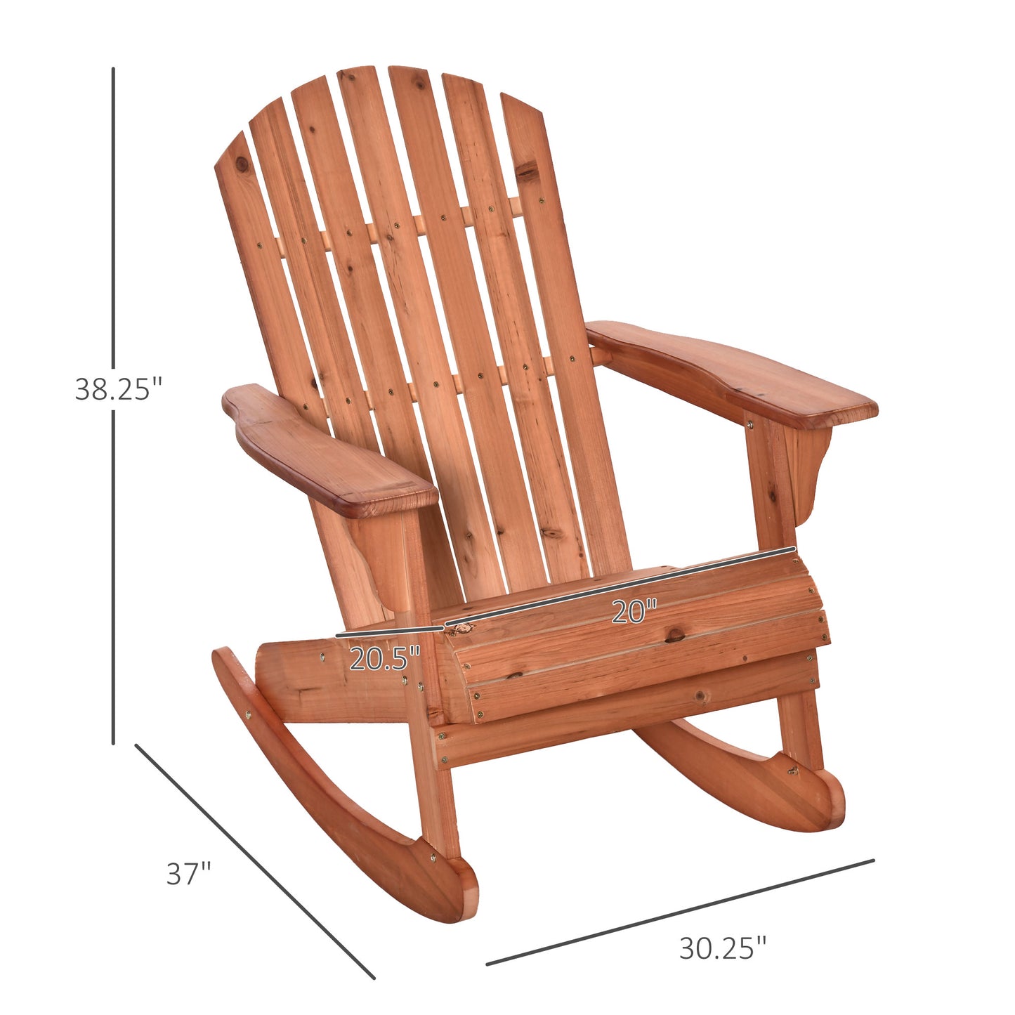 Teak wood Adirondack rocking chair with slatted back, wide seat, and curved rockers.