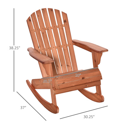 Teak wood Adirondack rocking chair with slatted back, wide seat, and curved rockers.