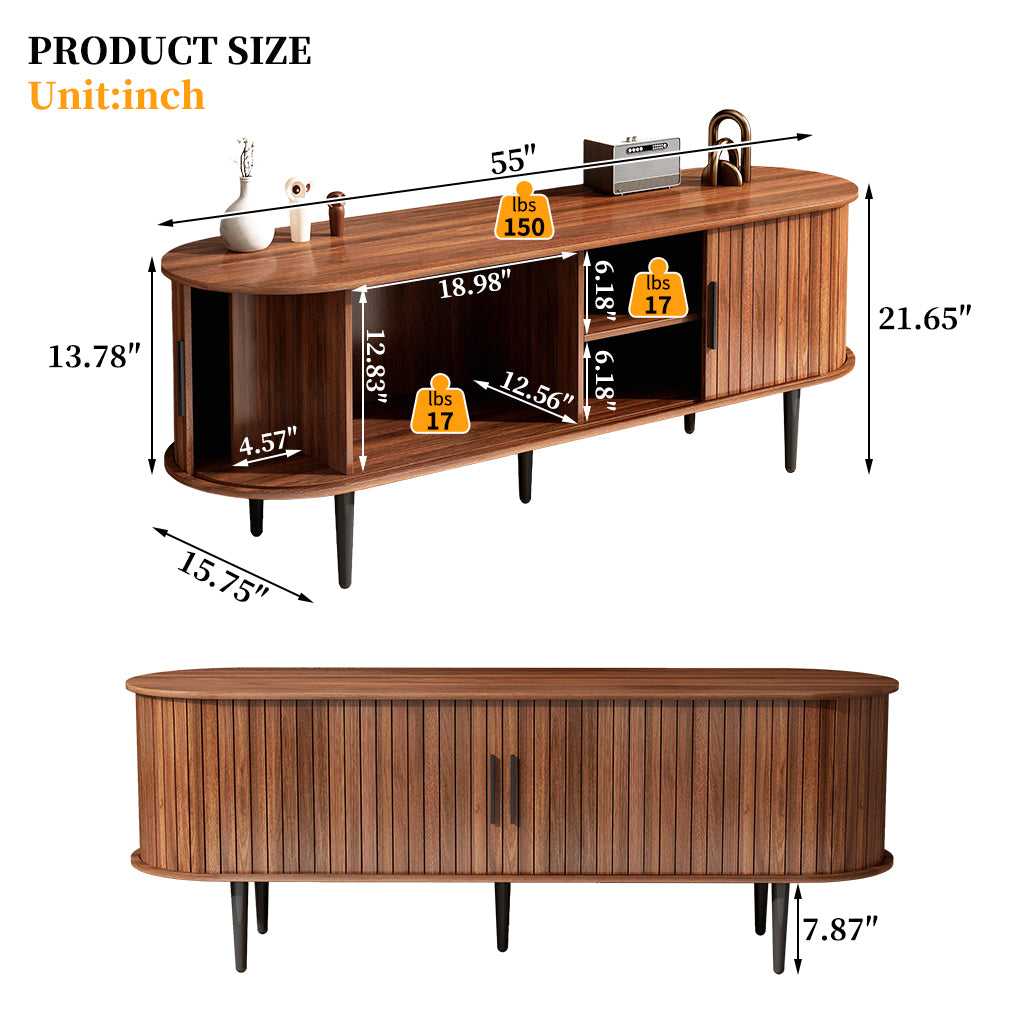 Walnut TV stand dimensions view with two open shelves behind sliding door
